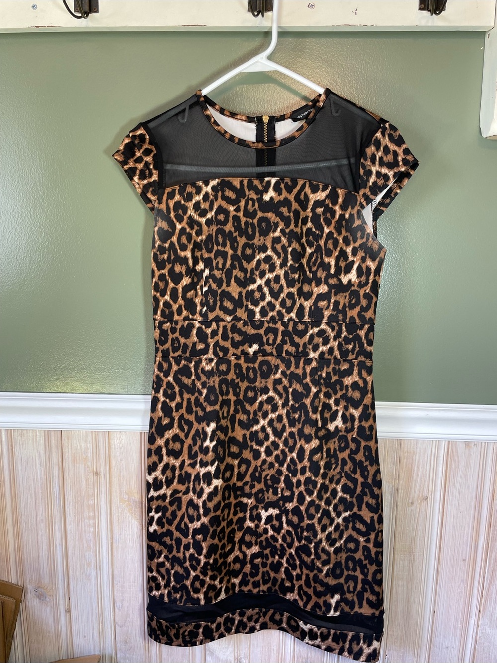 Spense Leopard Print Sheath Dress with Mesh Yoke - Brown/Black